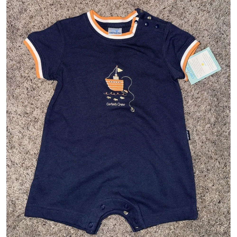 Vintage Carter's Crew Blue Fishing Outfit Romper Jumpsuit‎ Baby Boy 9-12 M New